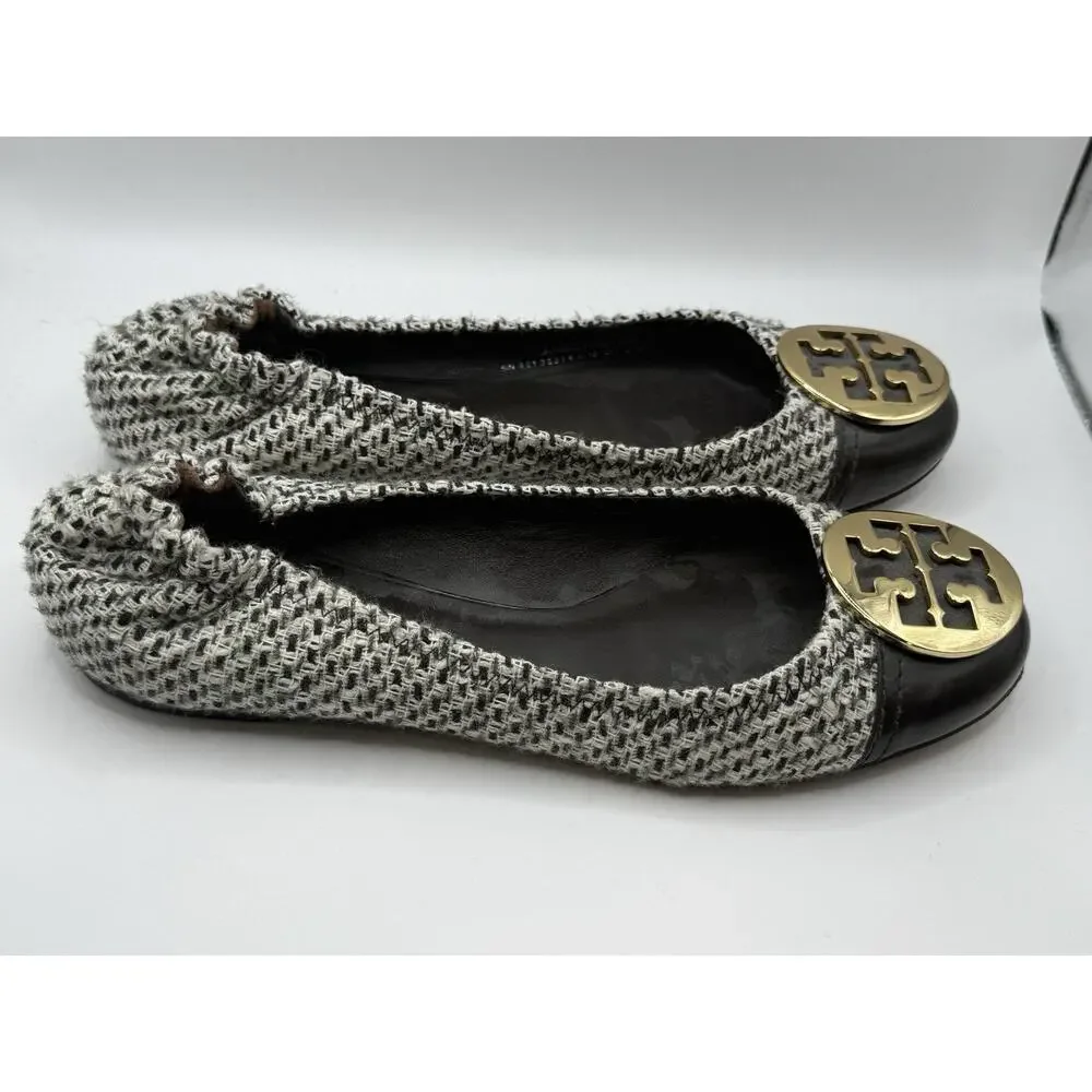 Tory Burch Serena Reva Tweed Logo Flats Sz 8.5